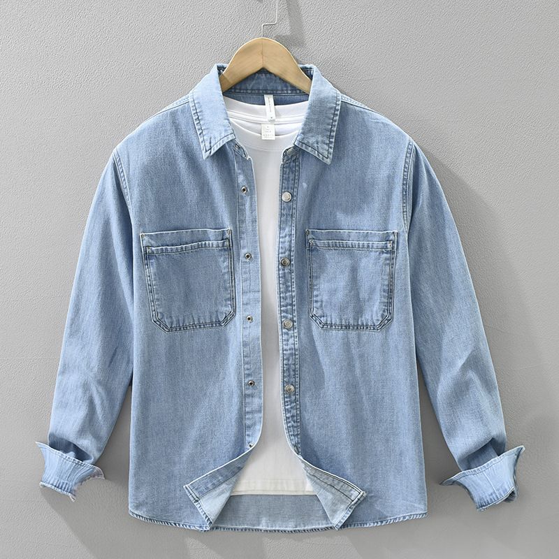 Denim Retro Long Sleeved Shirt For Men, Fashionable And Versatile, Artistic And Casual Loose Top_mkmklike.com