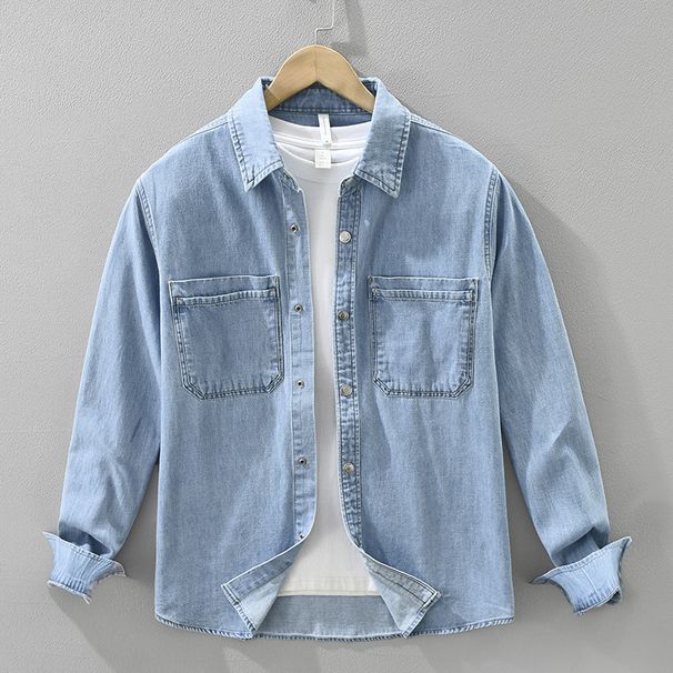 Denim Retro Long Sleeved Shirt For Men, Fashionable And Versatile, Artistic And Casual Loose Top_mkmklike.com