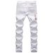 Men's Slim Fit White Distressed Jeans With Embroidery & Print, Stretch Denim Tapered Leg Casual Trousers_mkmklike.com