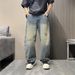 Men's Vintage Washed Distressed Denim Jeans – Relaxed Straight-Leg Baggy Pants With Ripped Details (Blue, M-Xxxl)_mkmklike.com