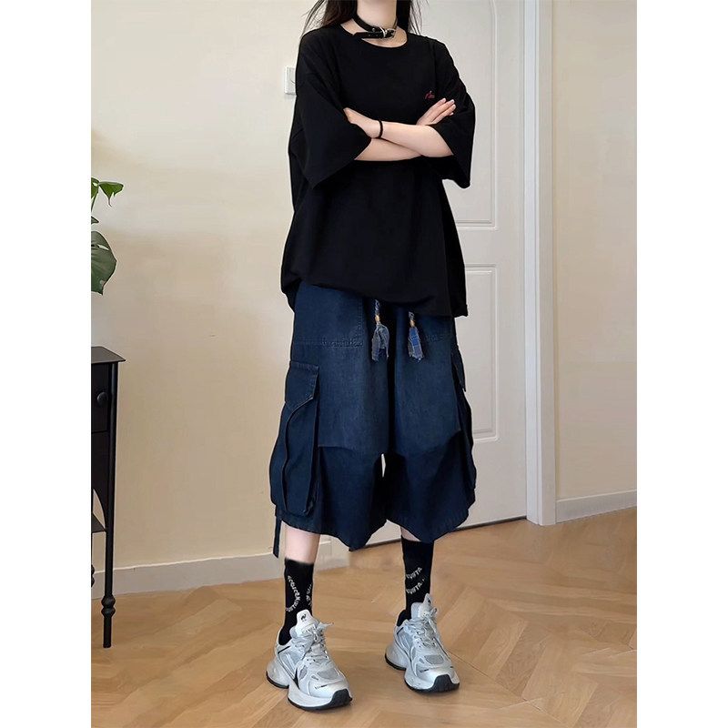 Men's Multi Pocket Cargo Denim Shorts High Street Style Loose Fit Cropped Pleated Trendy Summer Cool Ribbons_mkmklike.com