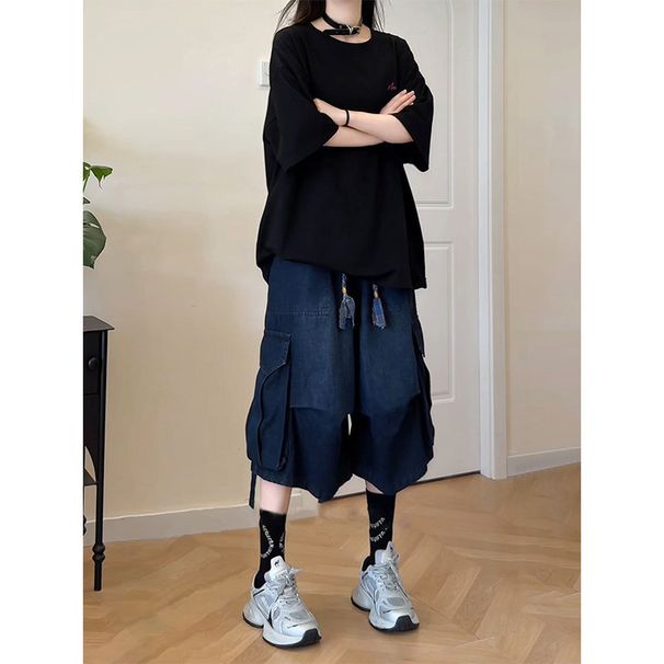 Men's Multi Pocket Cargo Denim Shorts High Street Style Loose Fit Cropped Pleated Trendy Summer Cool Ribbons_mkmklike.com