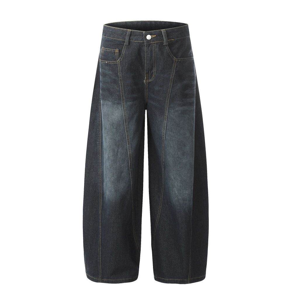 American Vintage Washed Denim Scimitar Men's Punk Three-Dimensional Deconstructed Design Wide-Leg Loose Long Pants_mkmklike.com