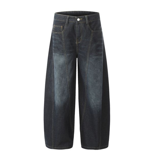 American Vintage Washed Denim Scimitar Men's Punk Three-Dimensional Deconstructed Design Wide-Leg Loose Long Pants_mkmklike.com
