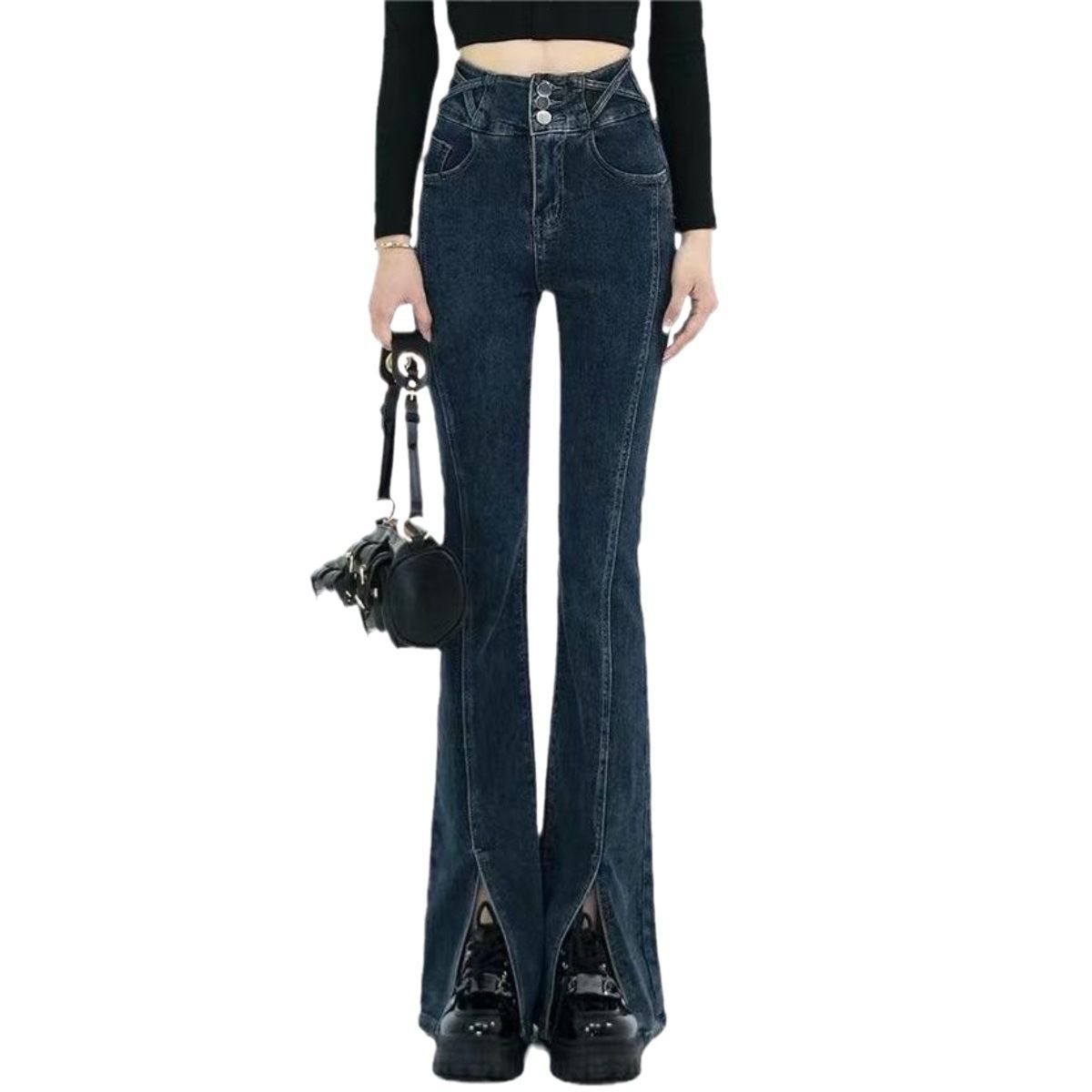 Women's Stretch Denim Pants, Slim Fit With Front Seam & Diagonal Slit Detail For A Flattering Look, Trendy Flared Bootcut Jeans_mkmklike.com