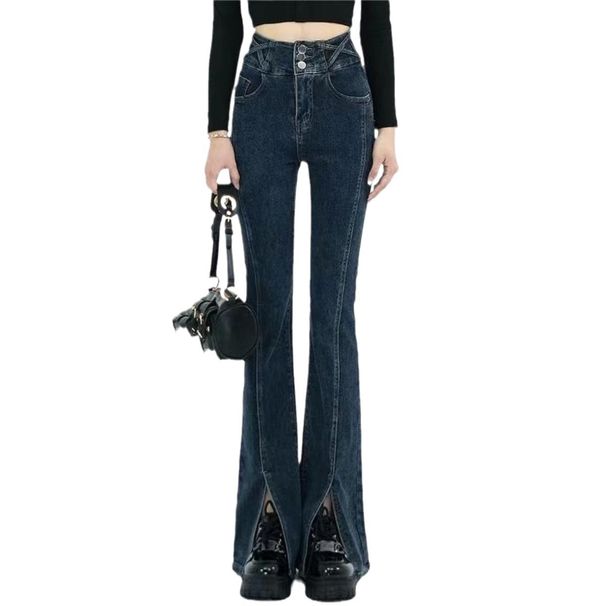 Women's Stretch Denim Pants, Slim Fit With Front Seam & Diagonal Slit Detail For A Flattering Look, Trendy Flared Bootcut Jeans_mkmklike.com