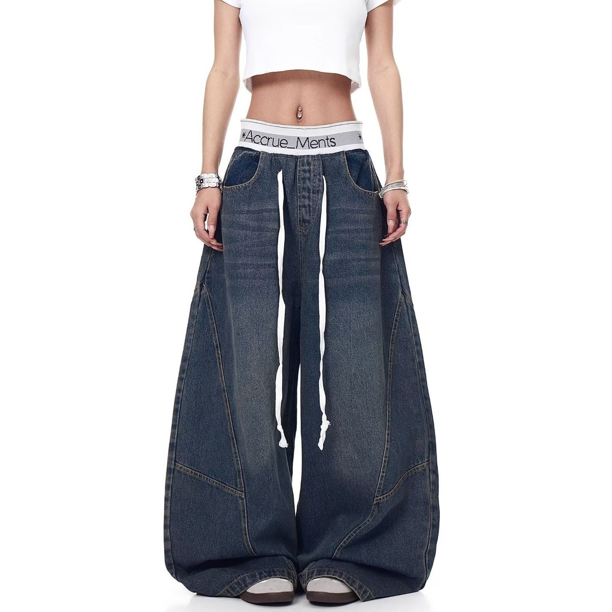American West Coast Style Design Patchwork Fake Two-Piece Jeans For Men And Women High Waist Loose Wide-Leg Scimitar_mkmklike.com