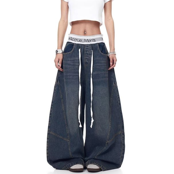 American West Coast Style Design Patchwork Fake Two-Piece Jeans For Men And Women High Waist Loose Wide-Leg Scimitar_mkmklike.com