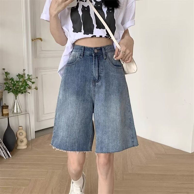 Women's High Waist Distressed Denim Shorts - Summer Blue Ripped Casual Boho Shorts With Stretch Mid-Length Loose Fit Capri Pants For Women_mkmklike.com