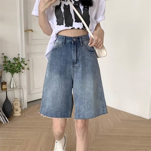 Women's High Waist Distressed Denim Shorts - Summer Blue Ripped Casual Boho Shorts With Stretch Mid-Length Loose Fit Capri Pants For Women_mkmklike.com