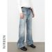 Nirben American High Street Style Whiskered Washed Jeans Flared Loose Straight Leg Pants mid Waist Long Non-Stretch Blue_mkmklike.com