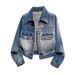 Chicco Washed Vintage American Long Sleeve Denim Jacket Top Jade Blue Lazy Style Versatile Comfortable Loose Fit Autumn Winter_mkmklike.com
