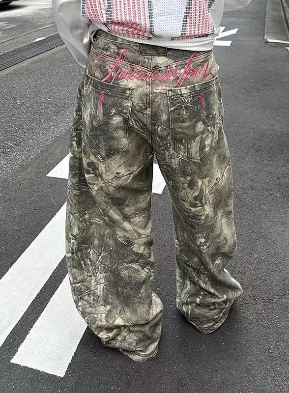 Women's Casual Loose Wide Leg Jeans Camouflage Tree Branch Embroidery European American Style Cross Border Foreign Trade Curved Trousers_mkmklike.com