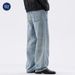 Men's Clothing High Street Sky Blue Washed Jeans Relaxed Straight Fit Vintage Distressed Whiskering Casual Style | Comfortable Cotton (88%)_mkmklike.com