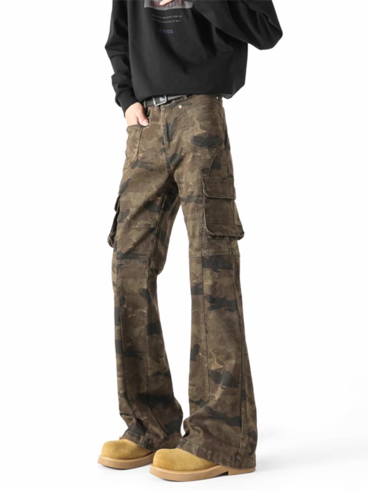 Camouflage Large Pocket Jeans Men's High Street Functional Cleanfit Slim Fit Flared Scimitar Cargo Pants_mkmklike.com