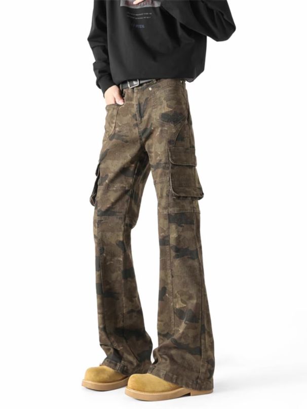Camouflage Large Pocket Jeans Men's High Street Functional Cleanfit Slim Fit Flared Scimitar Cargo Pants_mkmklike.com