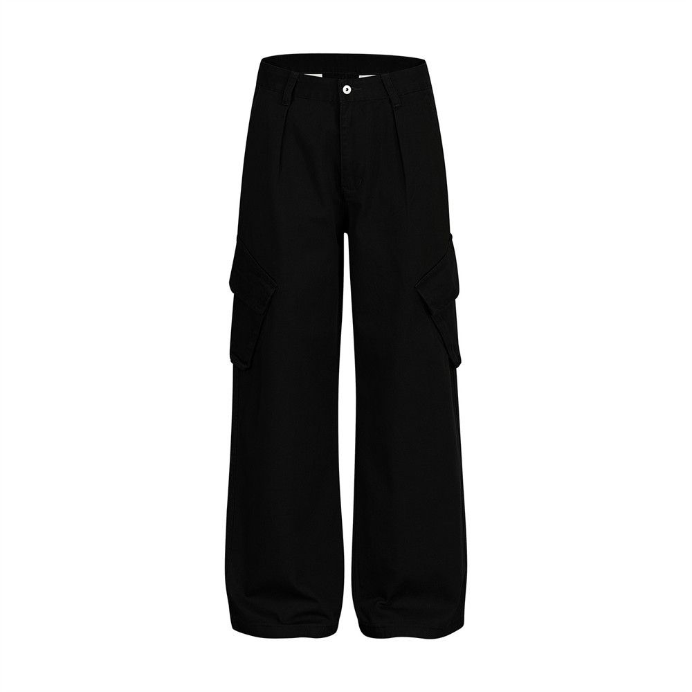 American High Street Large Pocket Cargo Straight Long Men's Vibe Trendy Brand Denim Versatile Solid Color Loose Wide-Leg_mkmklike.com