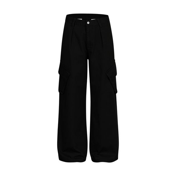 American High Street Large Pocket Cargo Straight Long Men's Vibe Trendy Brand Denim Versatile Solid Color Loose Wide-Leg_mkmklike.com