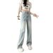 Women's High-Waisted Slim Fit Straight Leg Jeans Lightweight Summer Fashion Washed Blue Distressed Slimming Wide Leg Pants_mkmklike.com