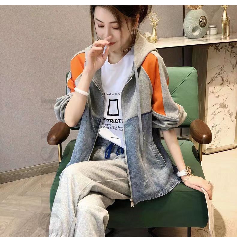 Oversized Color-Block Hooded Jacket For Women – Casual Coat, Cotton Blend, Loose Fit, Long Sleeve, Spring/Fall Outerwear (Green/Orange)_mkmklike.com