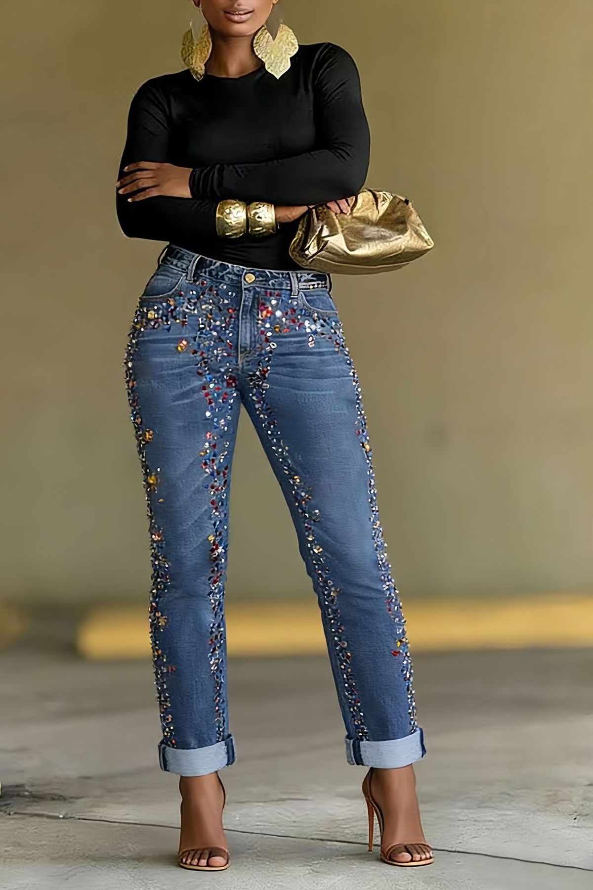 Women's High-Waisted Skinny Jeans Colorful Rhinestone Detail Casual Cotton Denim Jeans For Spring Autumn_mkmklike.com