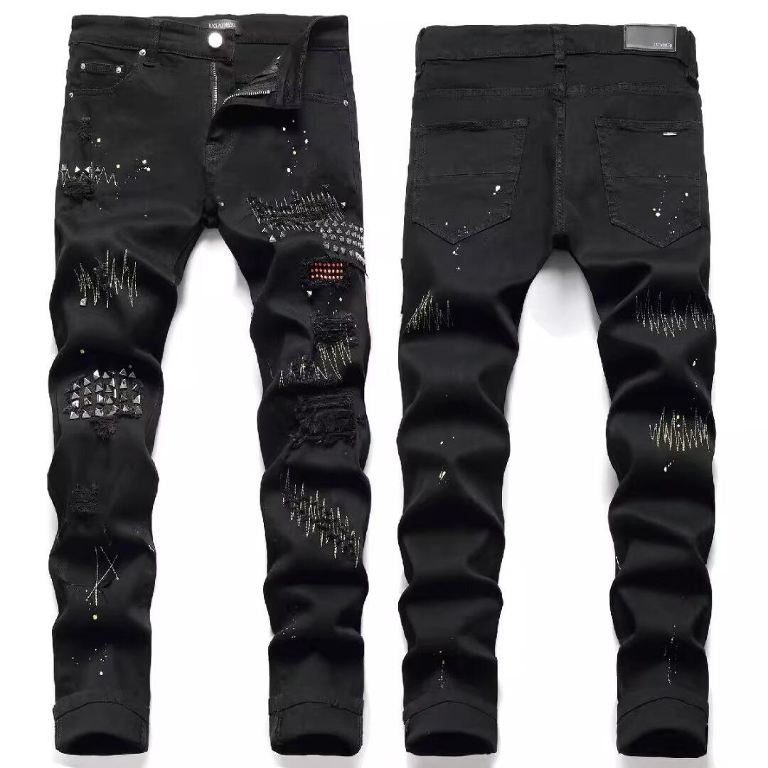 Men's Slim Fit Stretch Jeans Distressed Ink Splatter Embroidered Black Patchwork Studded Metallic Trendy And Stylish Jeans_mkmklike.com