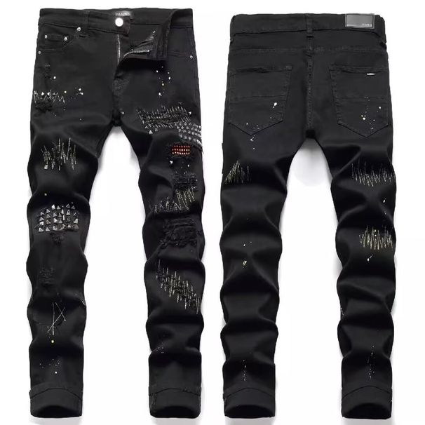 Men's Slim Fit Stretch Jeans Distressed Ink Splatter Embroidered Black Patchwork Studded Metallic Trendy And Stylish Jeans_mkmklike.com