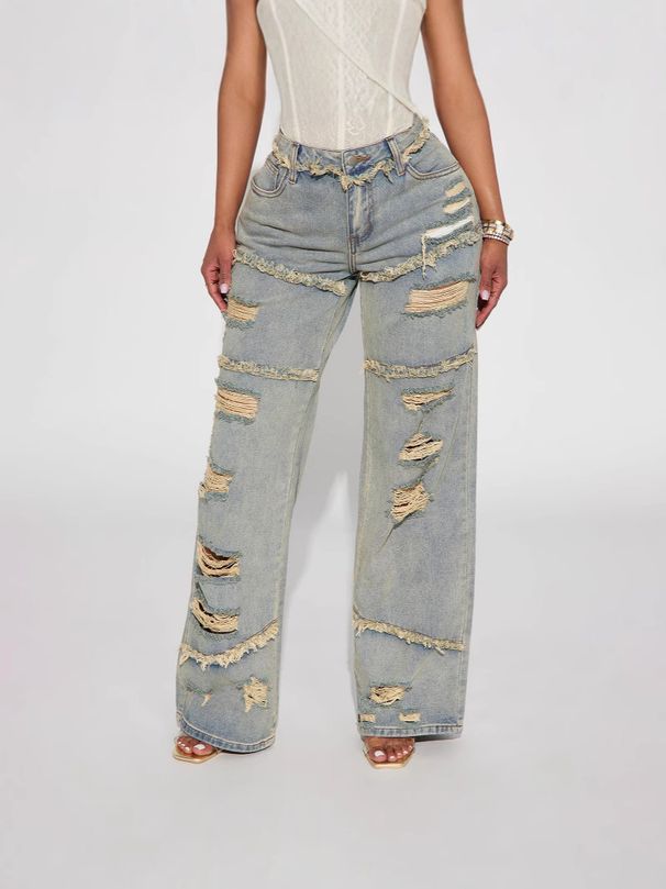 Vintage Washed Distressed Jeans For Women - Oversized High Street Baggy Pants With Heavyweight Denim & Grunge Style_mkmklike.com