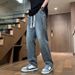 Men's Style Straight Leg Jeans High Street Retro Trendy Loose Wide Leg Floor Length Pants With Elastic Waistband_mkmklike.com