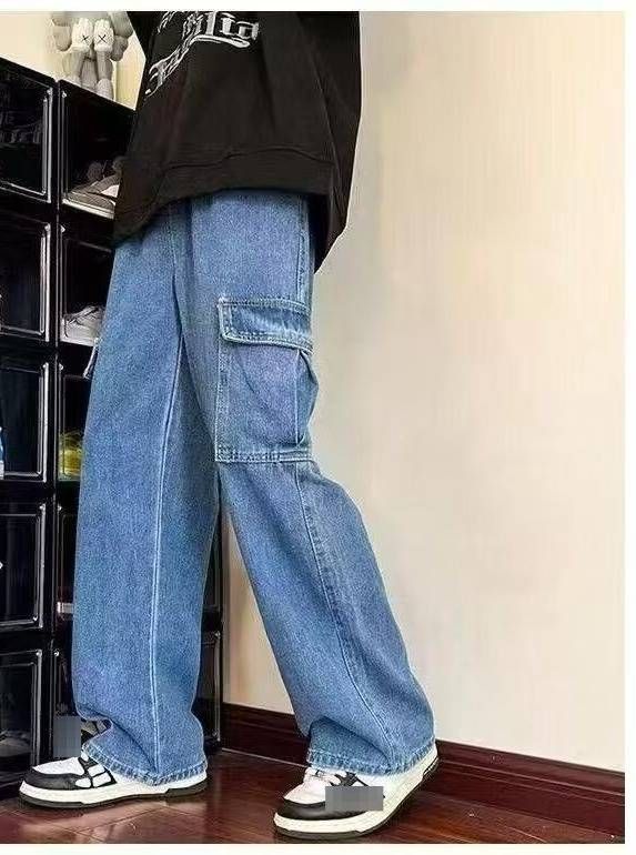 Men's Clothing Trendy Workwear Multi Pocket Jeans High Street American Retro Casual Slim Fit Trousers_mkmklike.com