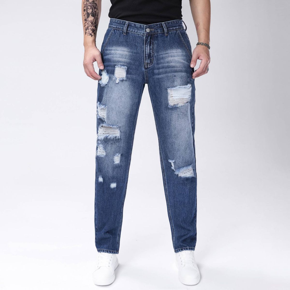 Men's Straight Leg Ripped Jeans Midweight Distressed Denim Trousers Stylish Cycling Street Chic Blue Non-Stretch Cycling Pants_mkmklike.com