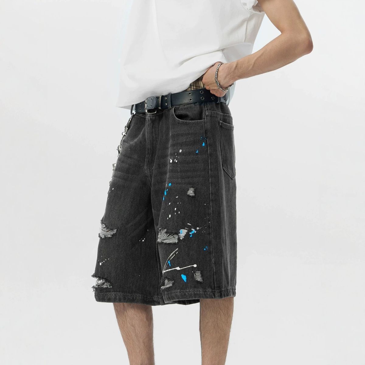 Men's Distressed Denim Shorts With Splatter Paint Design, Loose Fit Cargo Shorts For Summer Casual Style_mkmklike.com
