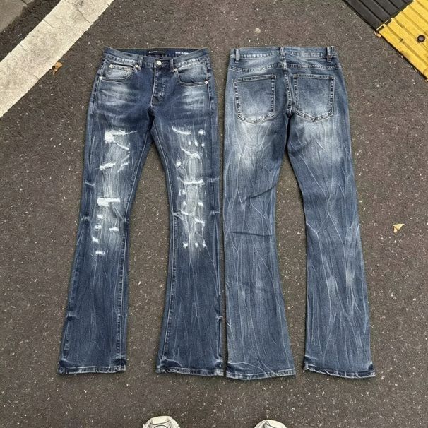 Unisex Vintage Blue Flared Jeans, Vertical Fade & Frayed Scratches, Biker Stacked, Breathable Summer_mkmklike.com
