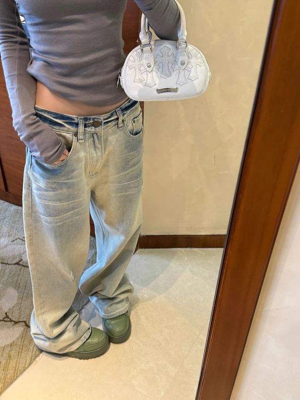 SUNONEONE Women's Light Wash Gradient Denim Jeans Low Waisted Loose Fit Casual Fashion Pants Autumn Style_mkmklike.com