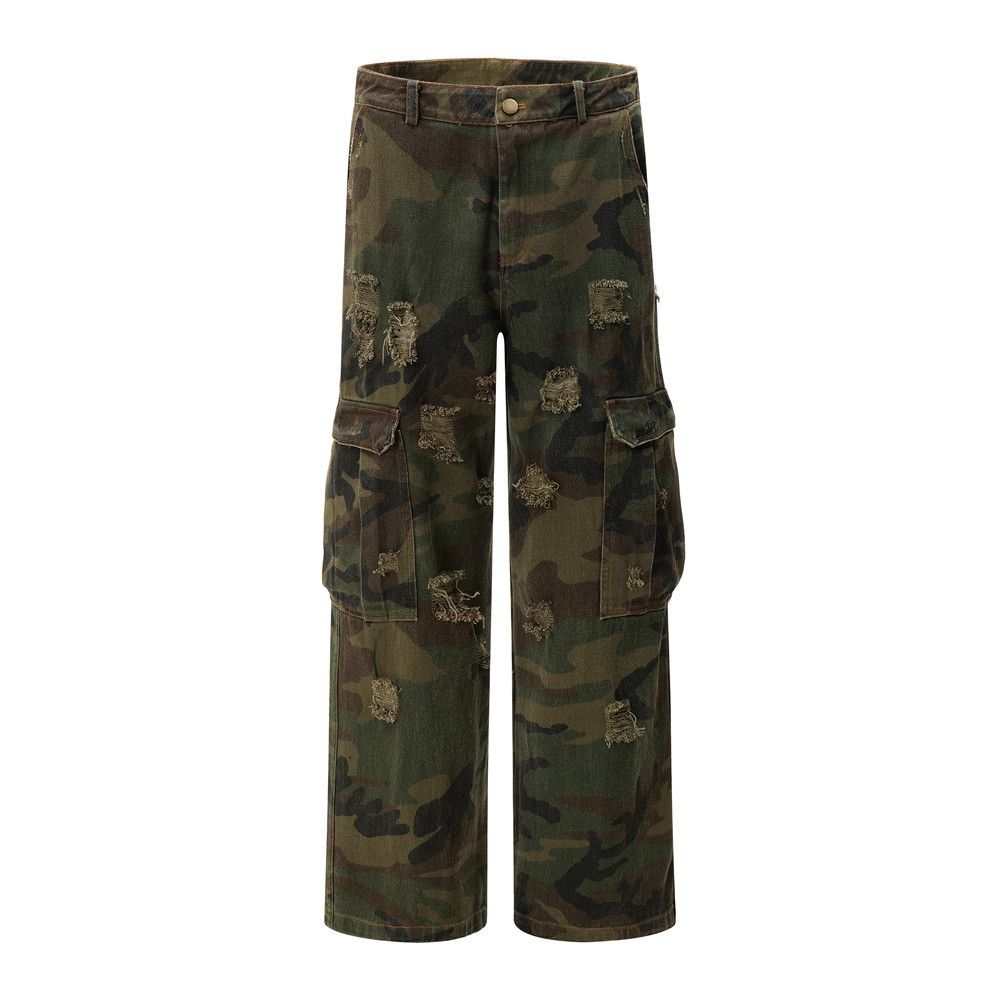 Men's Camouflage Cargo Trendy Brand American Style Loose Casual Straight Long Pants Distressed Washed Jeans_mkmklike.com