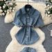 French Light Mature Style Tie Waist Short Sleeve Denim Tops Women's High Waist Slit Hip Skirt Summer Two Piece Suit_mkmklike.com