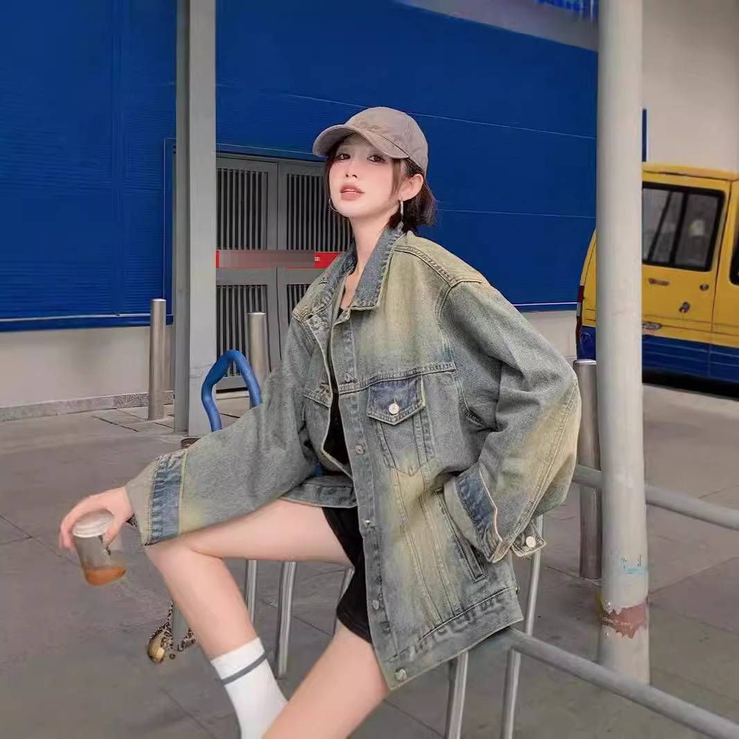 Vintage Washed Denim Jacket For Women - Oversized Long Sleeve Distressed Coat, High Street Fashion & Casual Streetwear (S, M, L, XL)_mkmklike.com