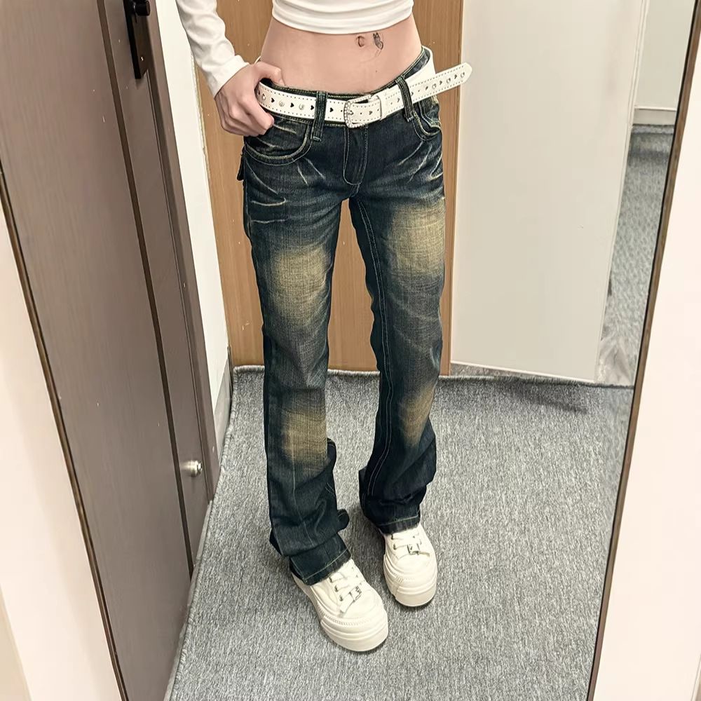 Y2k Vintage Low-Rise Distressed Jeans For Women - Baggy Straight Leg Denim Pants With Heavy Embroidery, Grunge Aesthetic_mkmklike.com