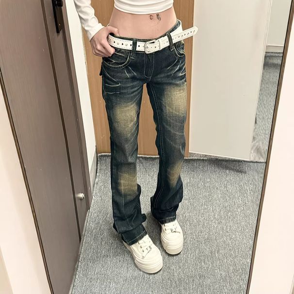 Y2k Vintage Low-Rise Distressed Jeans For Women - Baggy Straight Leg Denim Pants With Heavy Embroidery, Grunge Aesthetic_mkmklike.com