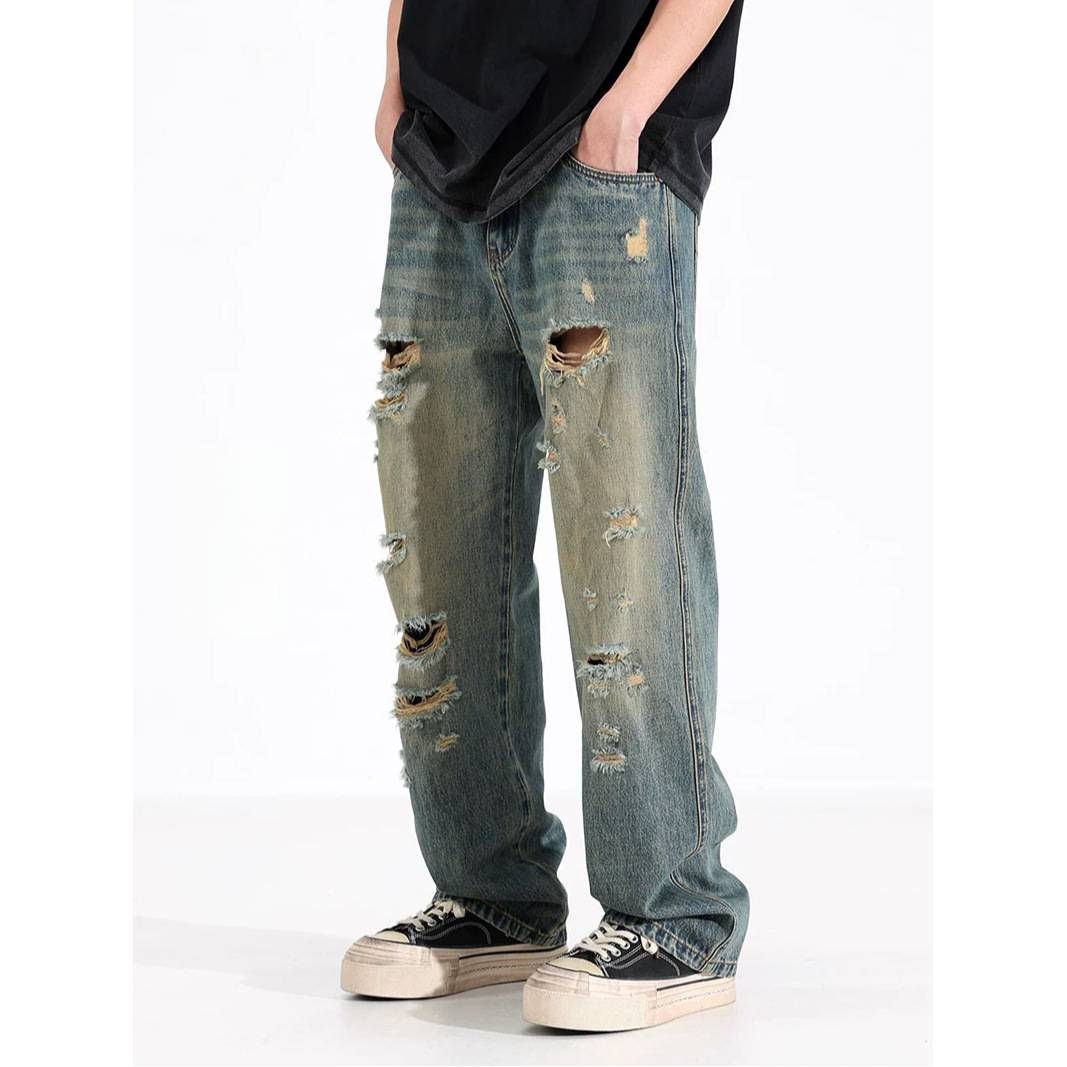Men's Clothing Trendy High Street Style Distressed Loose Fitting Casual Straight Leg Jeans Fashion_mkmklike.com