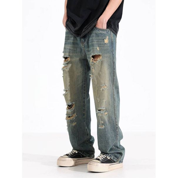 Men's Clothing Trendy High Street Style Distressed Loose Fitting Casual Straight Leg Jeans Fashion_mkmklike.com