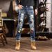 Men's Slim Fit Stretch Ripped Denim Jeans Korean Style Embroidered Patch Graffiti Trendy Small Straight Trousers_mkmklike.com
