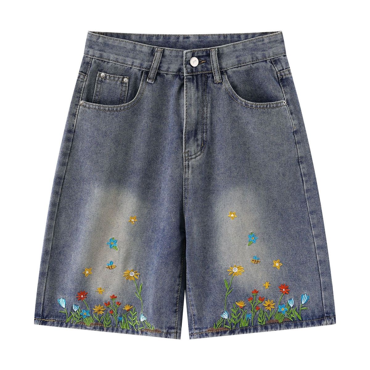 Vintage Embroidered Denim Shorts – Unisex Summer Casual Shorts With Floral Stitching (Relaxed Fit, 5-Inch Inseam, Distressed Wash, Light & Dark Blue)_mkmklike.com