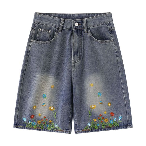 Vintage Embroidered Denim Shorts – Unisex Summer Casual Shorts With Floral Stitching (Relaxed Fit, 5-Inch Inseam, Distressed Wash, Light & Dark Blue)_mkmklike.com