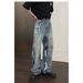 Men's Distressed Straight-Leg Jeans | Oversized Streetwear Pants | Vintage Wash & Knee Rips | 90s Hip-Hop Baggy Fit | Y2K Grunge Aesthetic_mkmklike.com