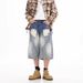 2025 American Retro Washing Water Gradual Change Hole Cropped Pants Men's Summer Trendy Brand Ruffian Handsome Fried Street High-end Jeans_mkmklike.com