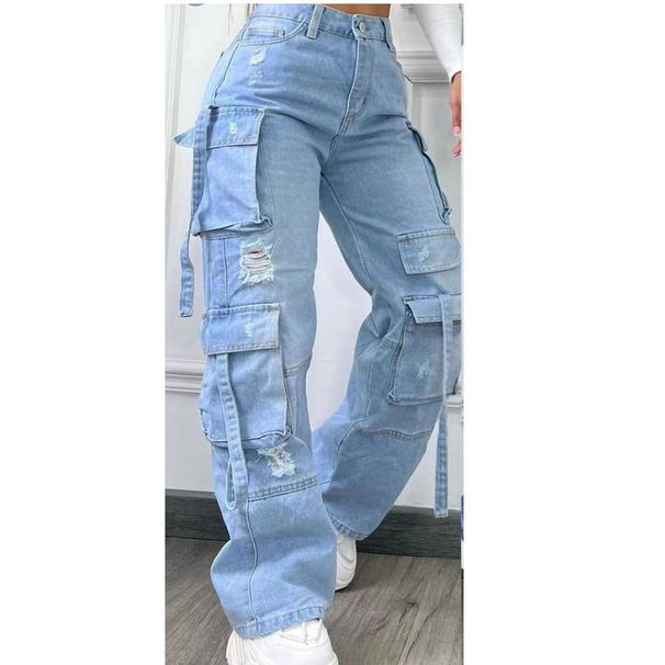 Women's Clothing New Fashion Solid Color All Match Large Size High Waist Multi Pocket Casual Workwear Denim Trousers For Women_mkmklike.com