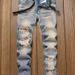 Men's Distressed Vintage Jeans - Straight Leg Ripped Denim Pants For Casual Wear (Sizes 30-42, Classic Blue Wash)_mkmklike.com