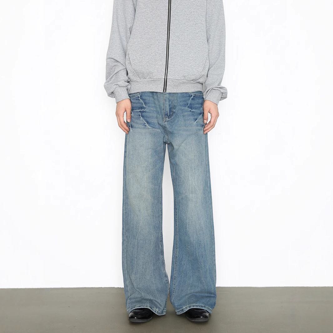 Men's Clothing Slim Fit Flared Jeans For Men Style Cleanfit Blue Denim Pants With Lightning Crack Pattern Long Trousers_mkmklike.com