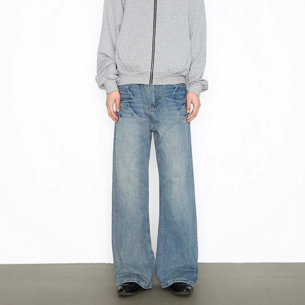 Men's Clothing Slim Fit Flared Jeans For Men Style Cleanfit Blue Denim Pants With Lightning Crack Pattern Long Trousers_mkmklike.com